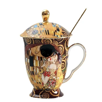 Vintage stakleno Keramička Krigla Klimt's Kiss demitasse Espresso Velike Šalice s Poklopcem i Žlicom iz Kost Kina Zlatne Luksuzni Šalice Personalizirani Poklon
